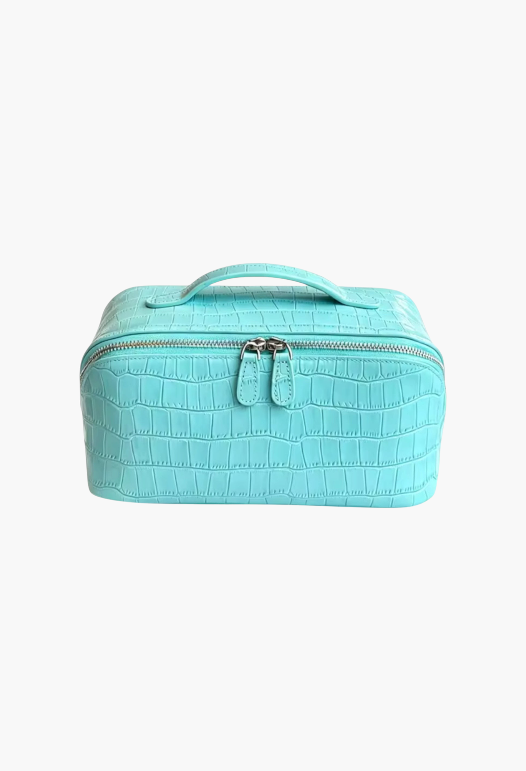 GLAM MODA sky blue genuine leather makeup bag with a crocodile-embossed texture and a top carry handle.