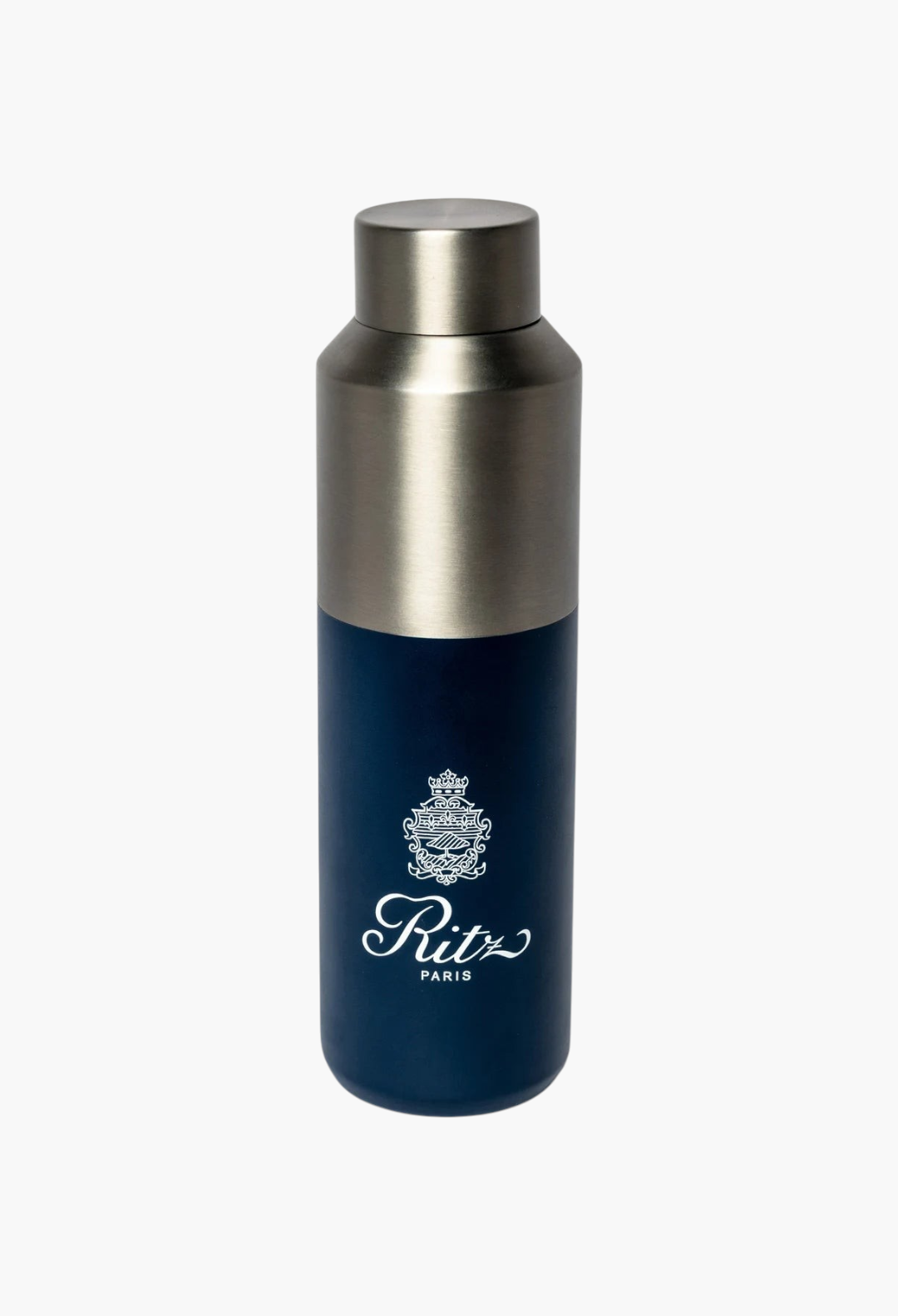 GLAM MODA Ritz Paris insulated water bottle in navy blue recycled steel with a brushed metal cap and logo detail.