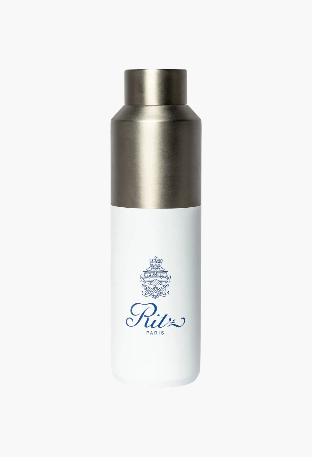 GLAM MODA Ritz Paris insulated water bottle in white and metallic steel with a blue logo print
