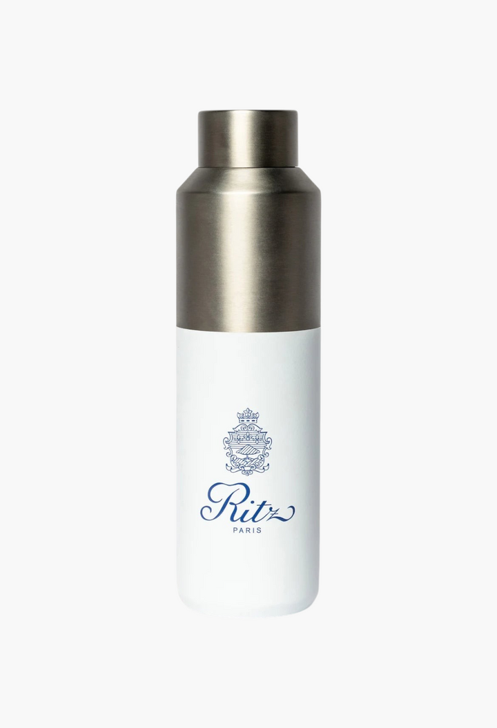 GLAM MODA Ritz Paris insulated water bottle in white and metallic steel with a blue logo print
