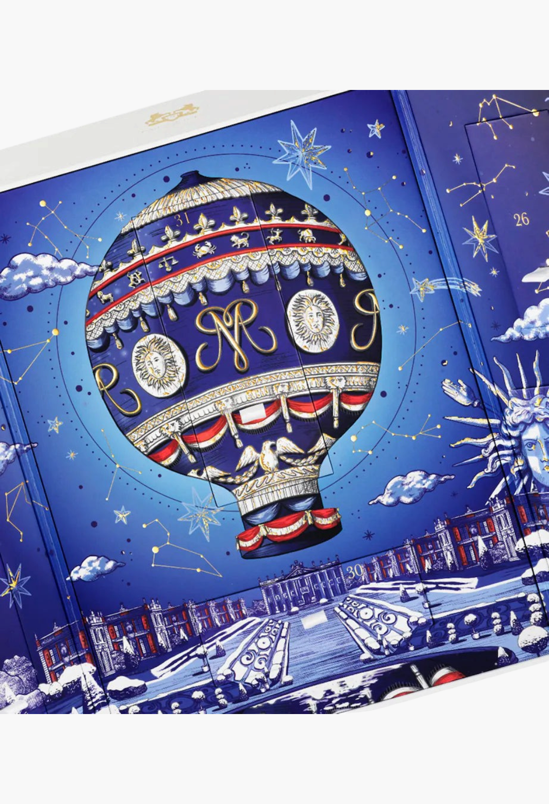 GLAM MODA Countdown Perfume Advent Calendar featuring a blue hot-air balloon illustration and celestial motifs.