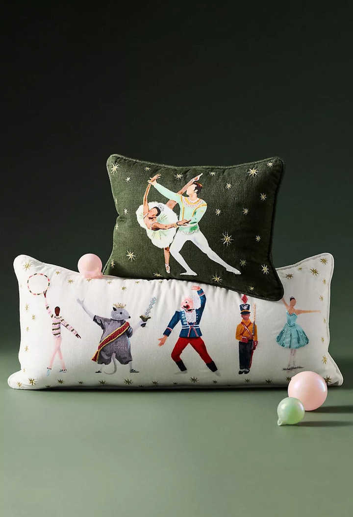 GLAM MODA cotton woven pillows featuring embroidered Nutcracker ballet characters and dancers on green and white fabric