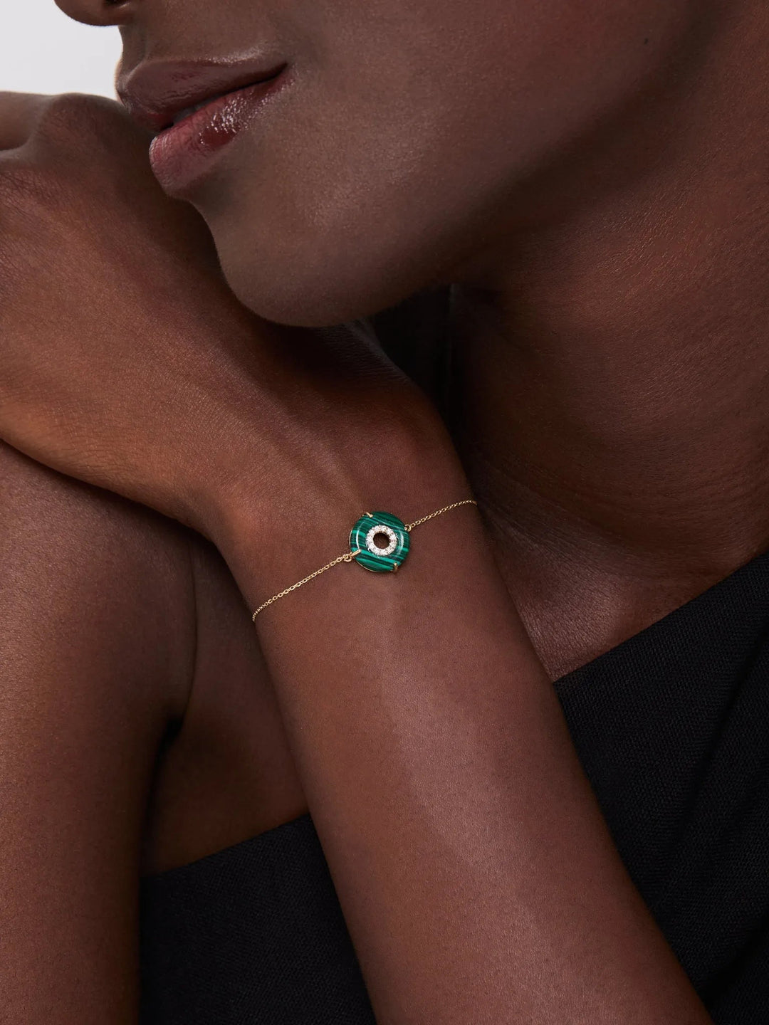 14kt Malachite Donut Diamond Inner Circle Chain Bracelet