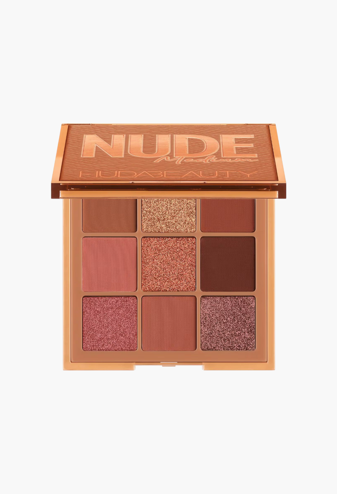 GLAM MODA Huda Beauty Nude Medium Obsessions eyeshadow palette with 9 warm, metallic, and matte terracotta shades.