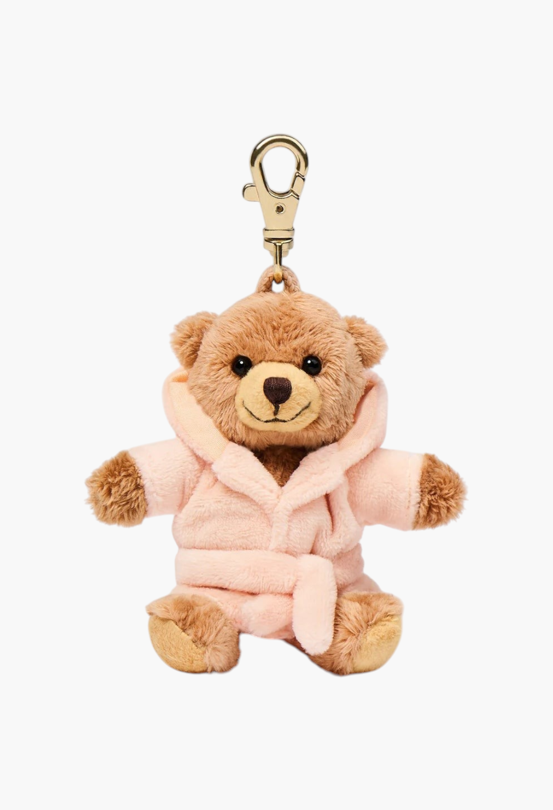 GLAM MODA teddy bear key ring wearing a soft peach bathrobe with a gold-tone metal clasp
