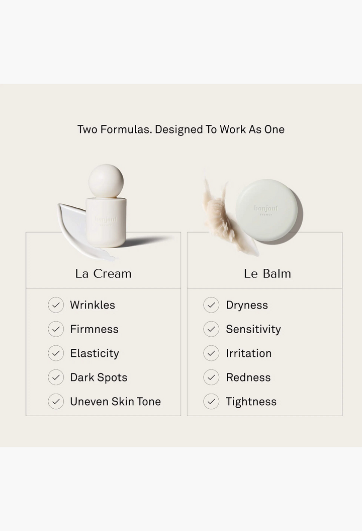 GLAM MODA skincare ritual featuring La Cream for anti-aging and Le Balm for barrier repair with benefit checklists.