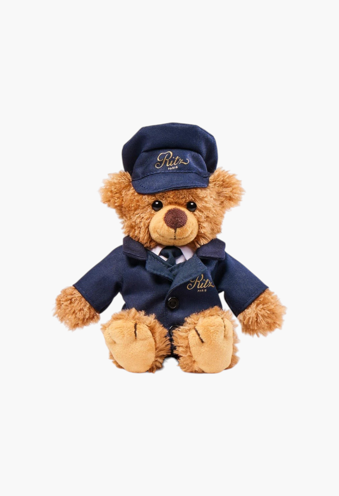GLAM MODA teddy bear bell staff wearing a navy blue Ritz Paris uniform with a matching cap and gold embroidery.