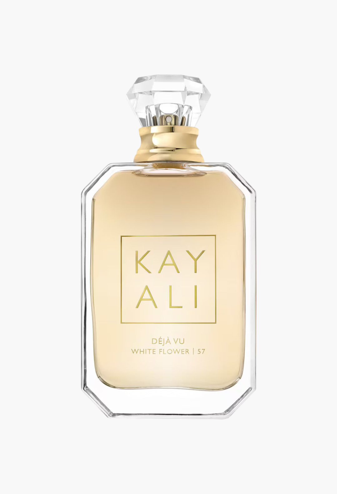 GLAM MODA Kayali Déjà Vu White Flower | 57 perfume bottle with gold liquid and a faceted crystal-style cap.