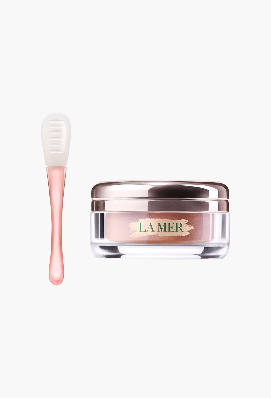 GLAM MODA The Lip Polish exfoliating balm in a glass jar with a rose gold applicator tool for smooth, hydrated lips.