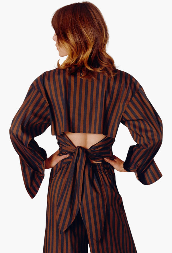 Loch Poplin Button Up - Black/Choco Brown Stripe