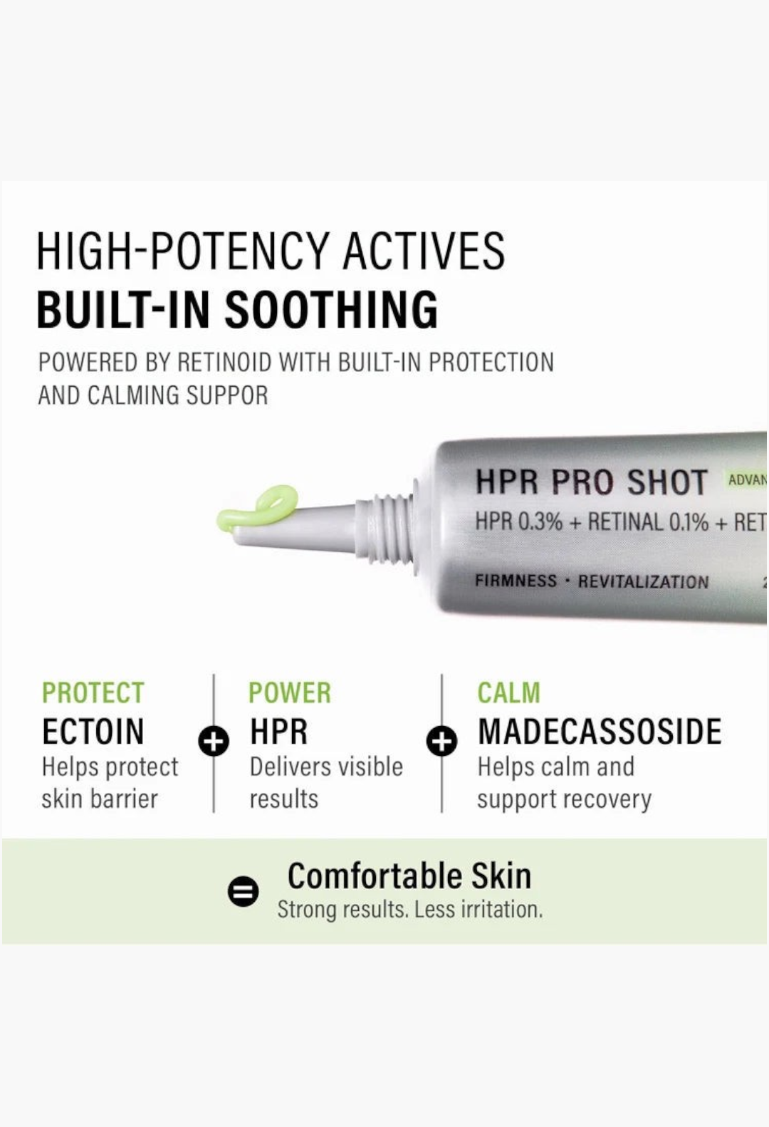 GLAM MODA Epii HPR Pro Shot 3-Retinoid serum tube dispensing light green cream with key ingredient benefits listed.