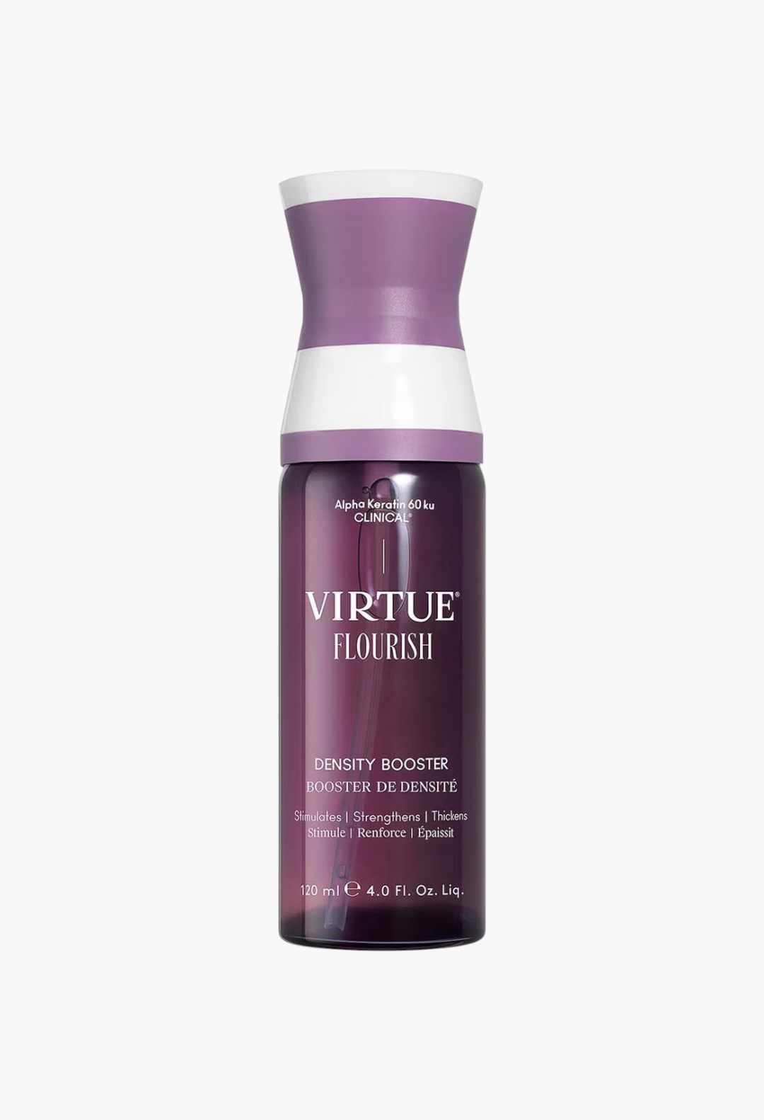 GLAM MODA Virtue Flourish Density Booster scalp treatment spray in a purple bottle for thickening and strengthening hair.