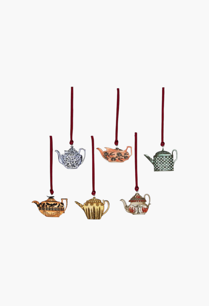 GLAM MODA set of six miniature bone china teapot tree decorations with red ribbon hangers and intricate patterns.