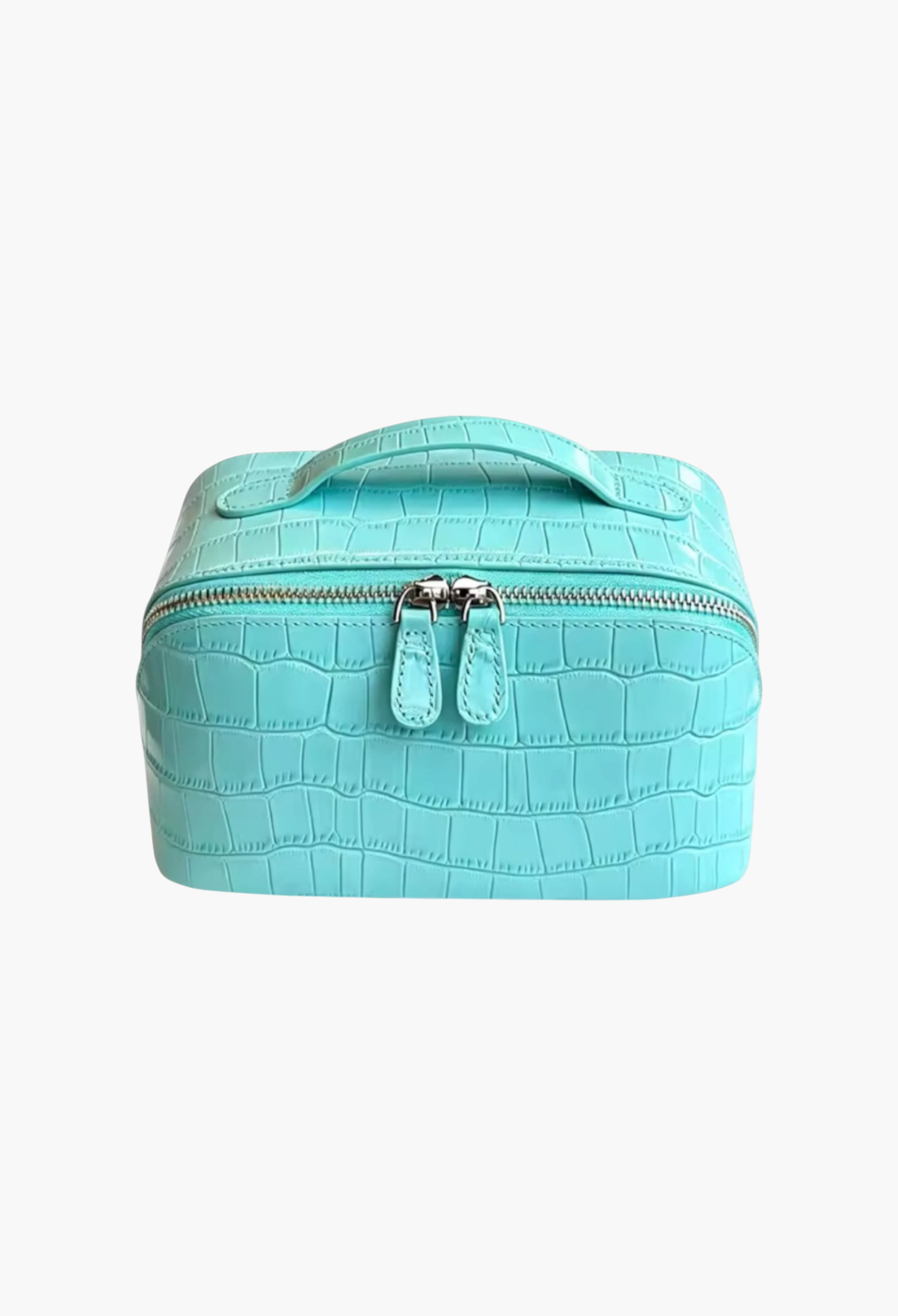 GLAM MODA sky blue genuine leather makeup bag with a crocodile-embossed texture and silver double zipper closure.