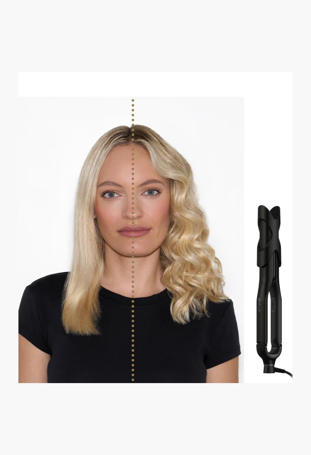 GLAM MODA Sculpt Hair Styler showing a woman with half straight and half curled blonde hair next to the black styler.