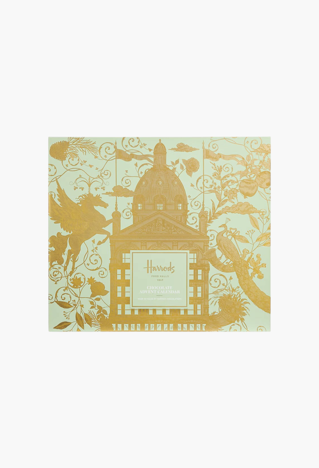GLAM MODA Harrods Chocolaterie Advent Calendar in light green with intricate gold foil illustrations of the food hall.
