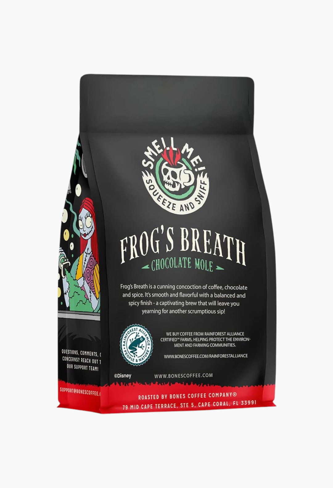 GLAM MODA Bones Coffee Company Frog's Breath chocolate mole medium roast coffee bag with Nightmare Before Christmas art