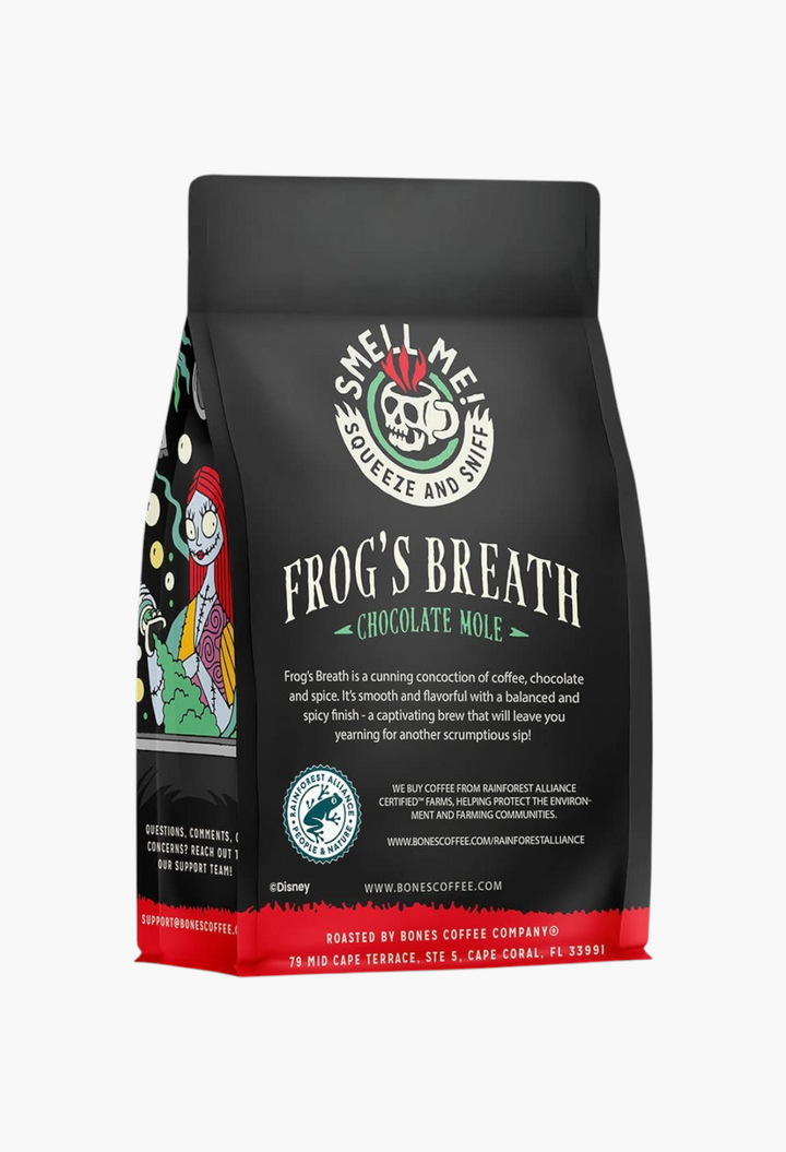 GLAM MODA Bones Coffee Company Frog's Breath chocolate mole medium roast coffee bag with Nightmare Before Christmas art