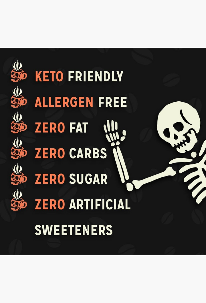GLAM MODA graphic showing a skeleton and coffee icons with text listing keto friendly and zero sugar coffee benefits.