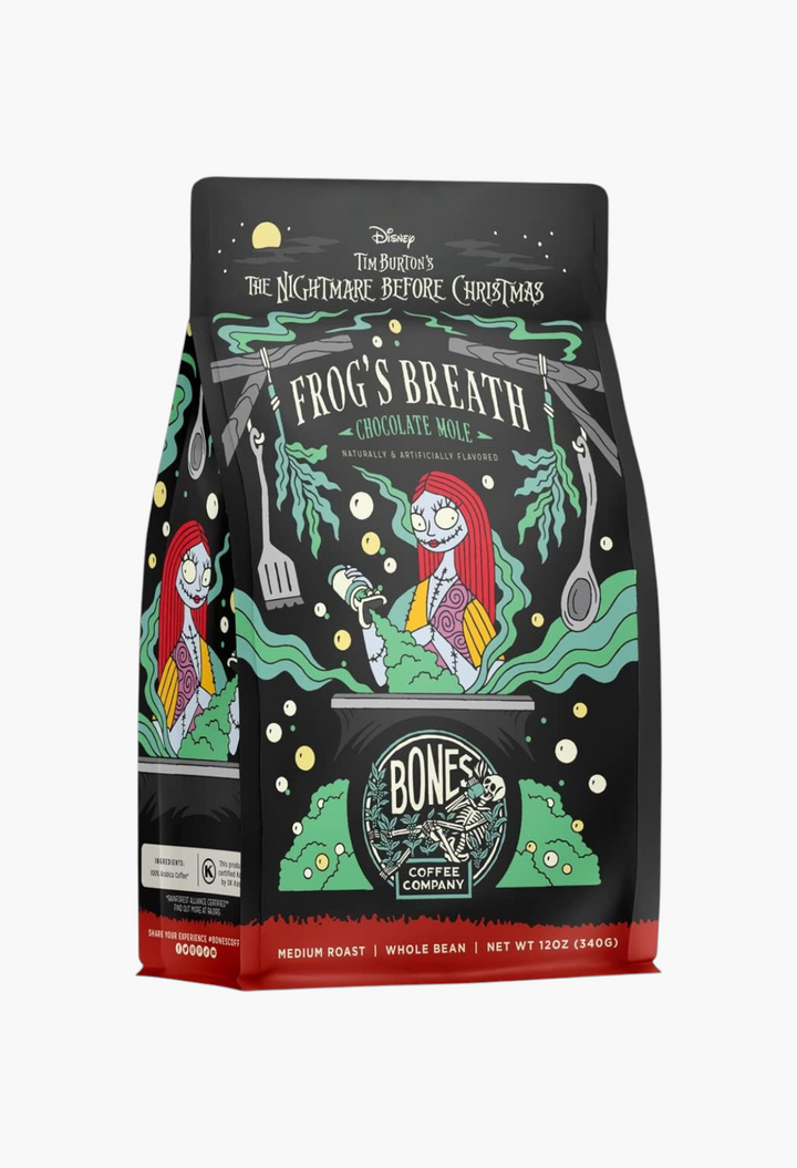 GLAM MODA Bones Coffee Company Frog's Breath medium roast coffee bag featuring Sally from The Nightmare Before Christmas