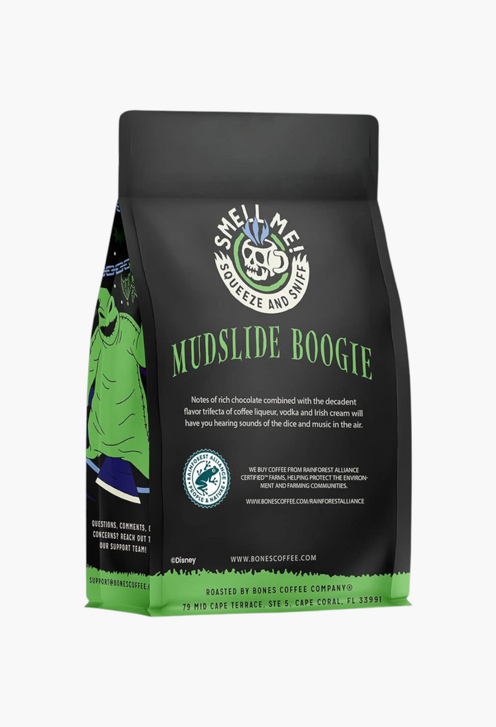 GLAM MODA Bones Coffee Company Mudslide Boogie medium roast coffee bag with Nightmare Before Christmas Oogie Boogie art