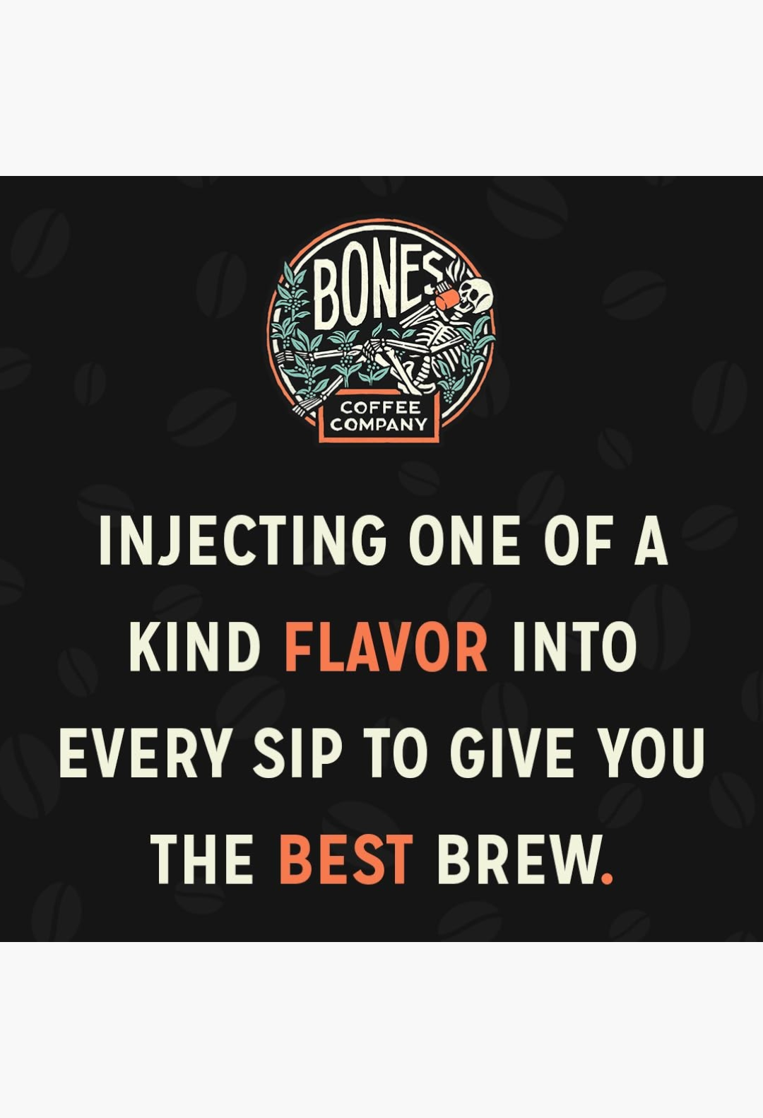 GLAM MODA Bones Coffee Company logo with skeleton graphic and text about unique flavored coffee brew