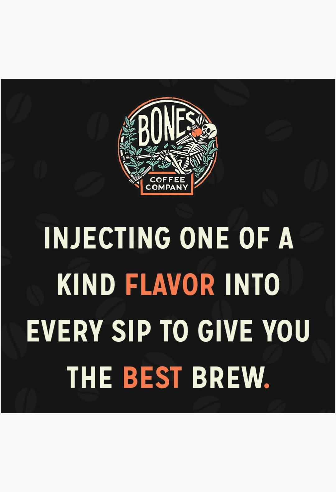 GLAM MODA Bones Coffee Company graphic featuring a skeleton logo and text about unique flavored coffee brews