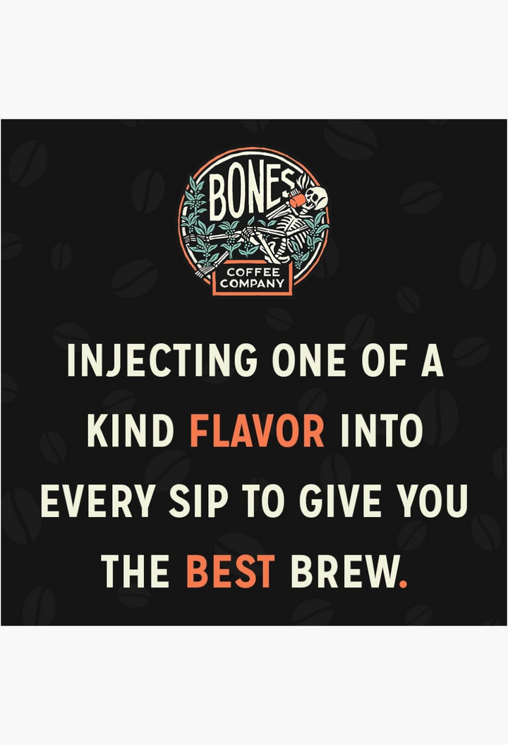 GLAM MODA Bones Coffee Company logo with skeleton illustration and text about injecting flavor into every brew.