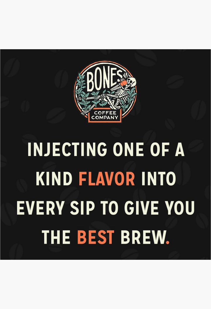 GLAM MODA Bones Coffee Company logo featuring a skeleton illustration with text about unique flavored coffee brews.