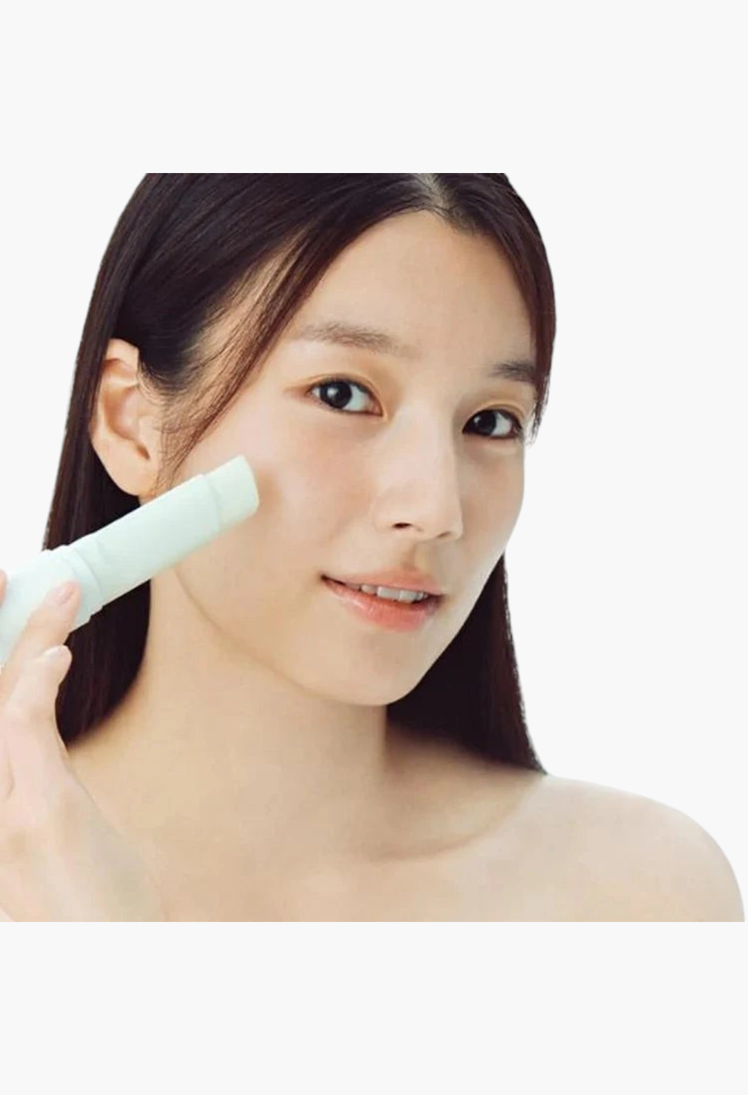 GLAM MODA model applying Dinsee vegan 3-in-1 sunscreen stick with SPF50+ for brightening and firming skin care