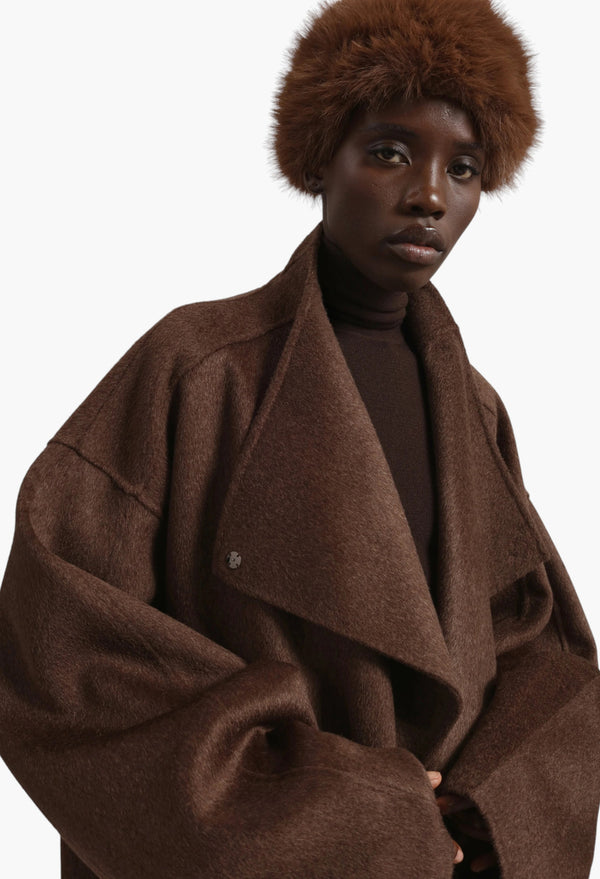Leroy Funnel Neck Wool Coat - Brown Melange