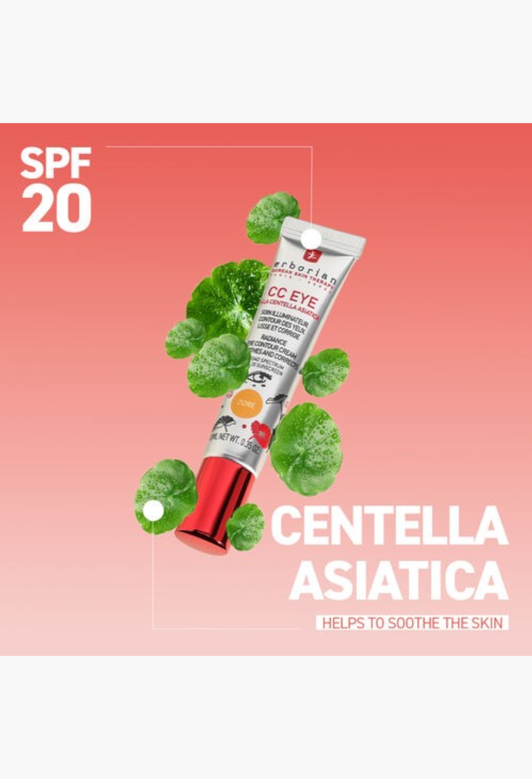 GLAM MODA Erborian CC Eye tinted cream with SPF 20 and centella asiatica leaves on a soft pink background
