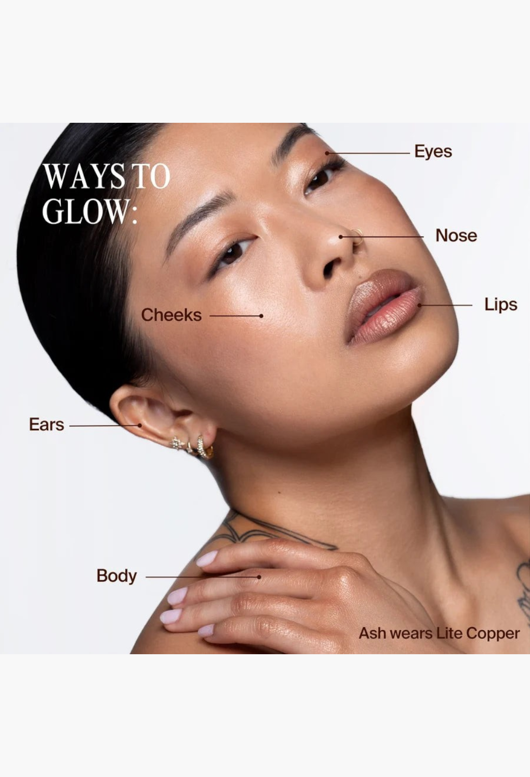 GLAM MODA Hyper Shine Lite Pigment applied to a model's face, highlighting glow on eyes, cheeks, lips, and body.