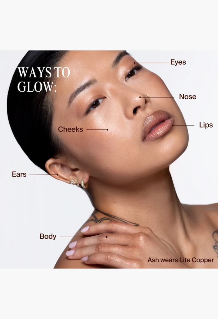 GLAM MODA Hyper Shine Lite Pigment applied to a model's face, highlighting glow on eyes, cheeks, lips, and body.