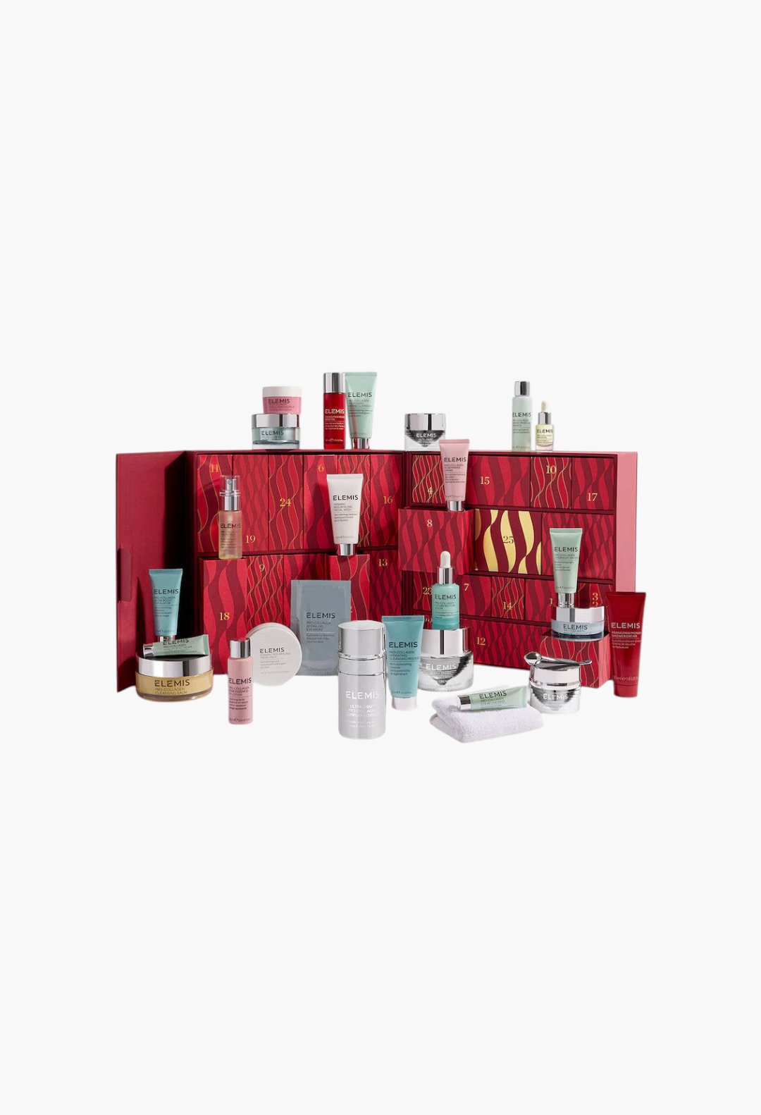 GLAM MODA Elemis skincare advent calendar with 25 luxury beauty products in a red and gold gift box