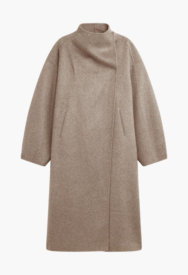 Leroy Funnel Neck Wool Coat - Taupe Melange