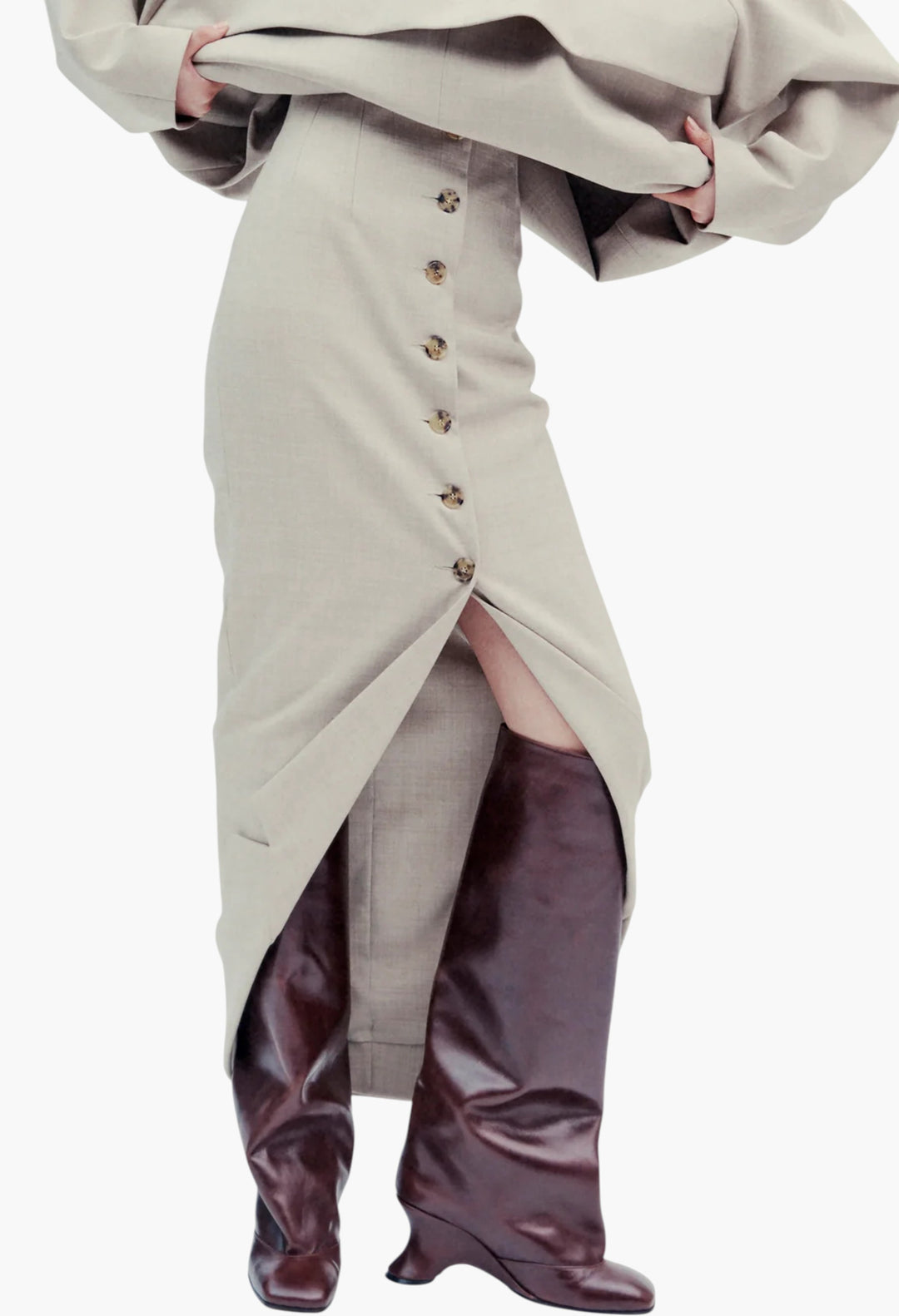Tailored Skirt With Jacket Collar At Hem Beige Melange - GLAM MODA