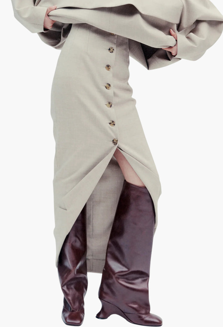 Tailored Skirt With Jacket Collar At Hem Beige Melange - GLAM MODA