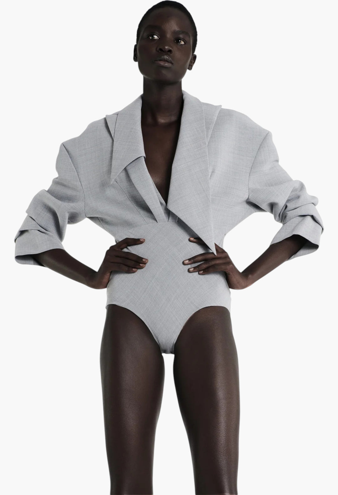 Tailored Bodysuit With Shirt Collar Insert Grey Melange - GLAM MODA