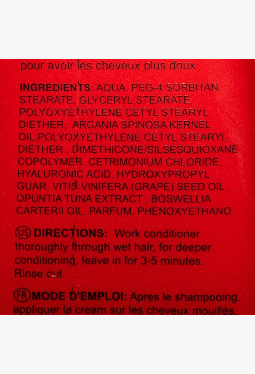 GLAM MODA Dancoly Argan Active Oxygen Instant Repair Conditioner ingredient list and usage directions on red label