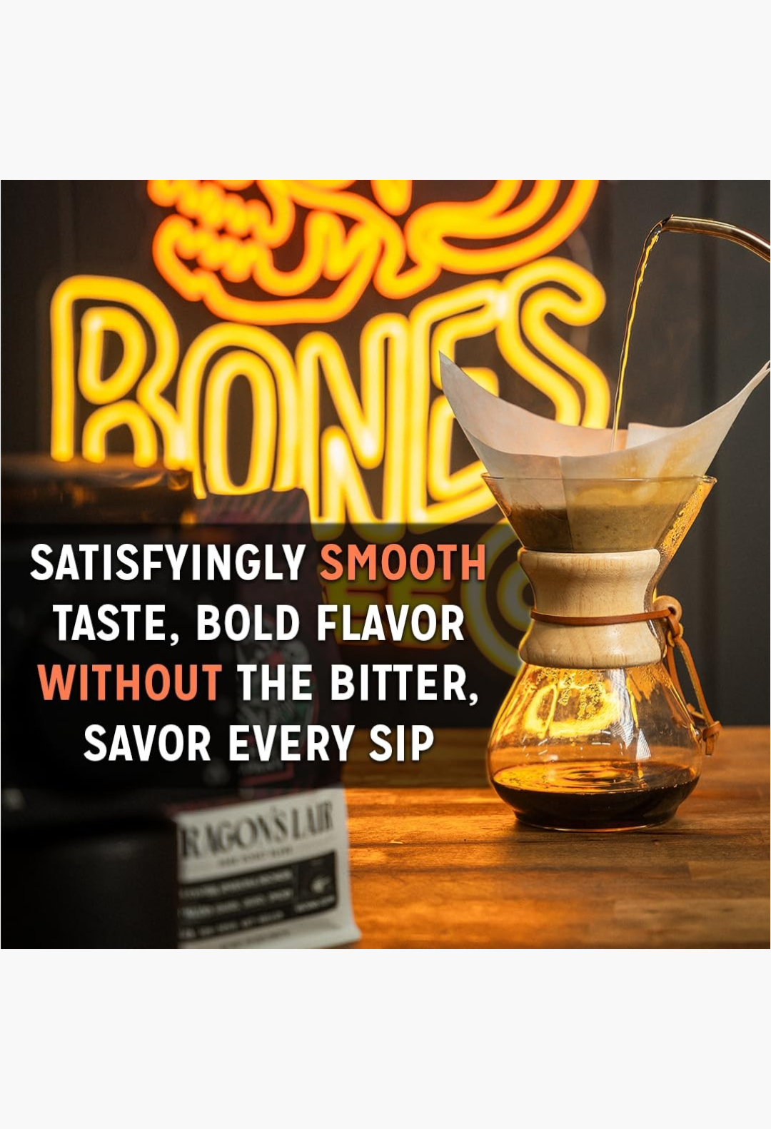GLAM MODA pour-over coffee brewing in a glass carafe with a wooden collar and paper filter on a white background
