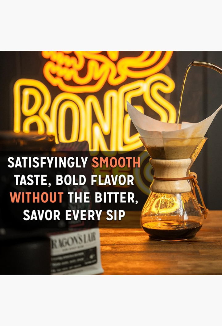 GLAM MODA coffee being poured into a glass pour-over brewer with a glowing neon Bones Coffee sign in the background