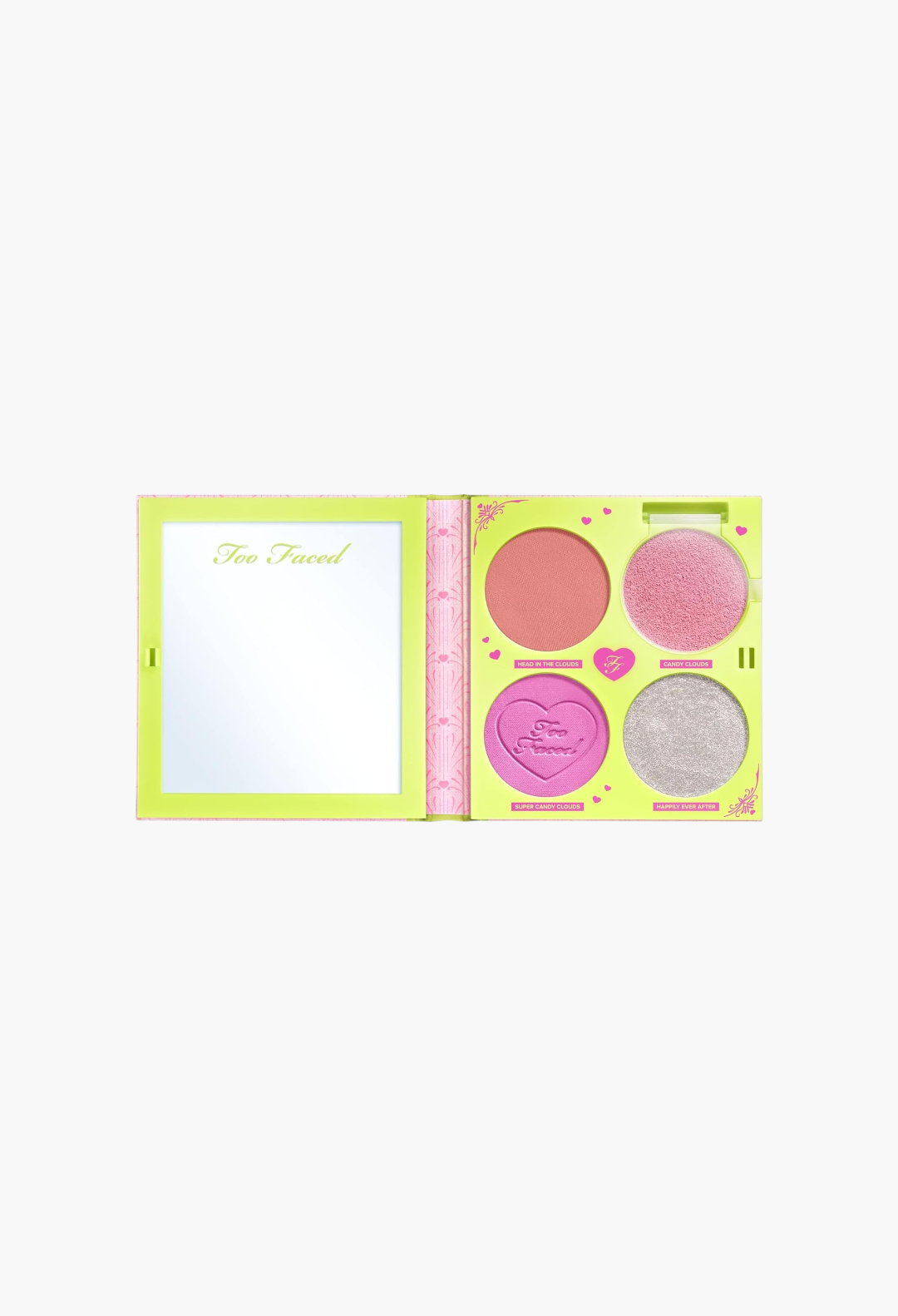 GLAM MODA Too Faced Fairytale Crush makeup palette featuring four pink and shimmering blush and highlighter shades.