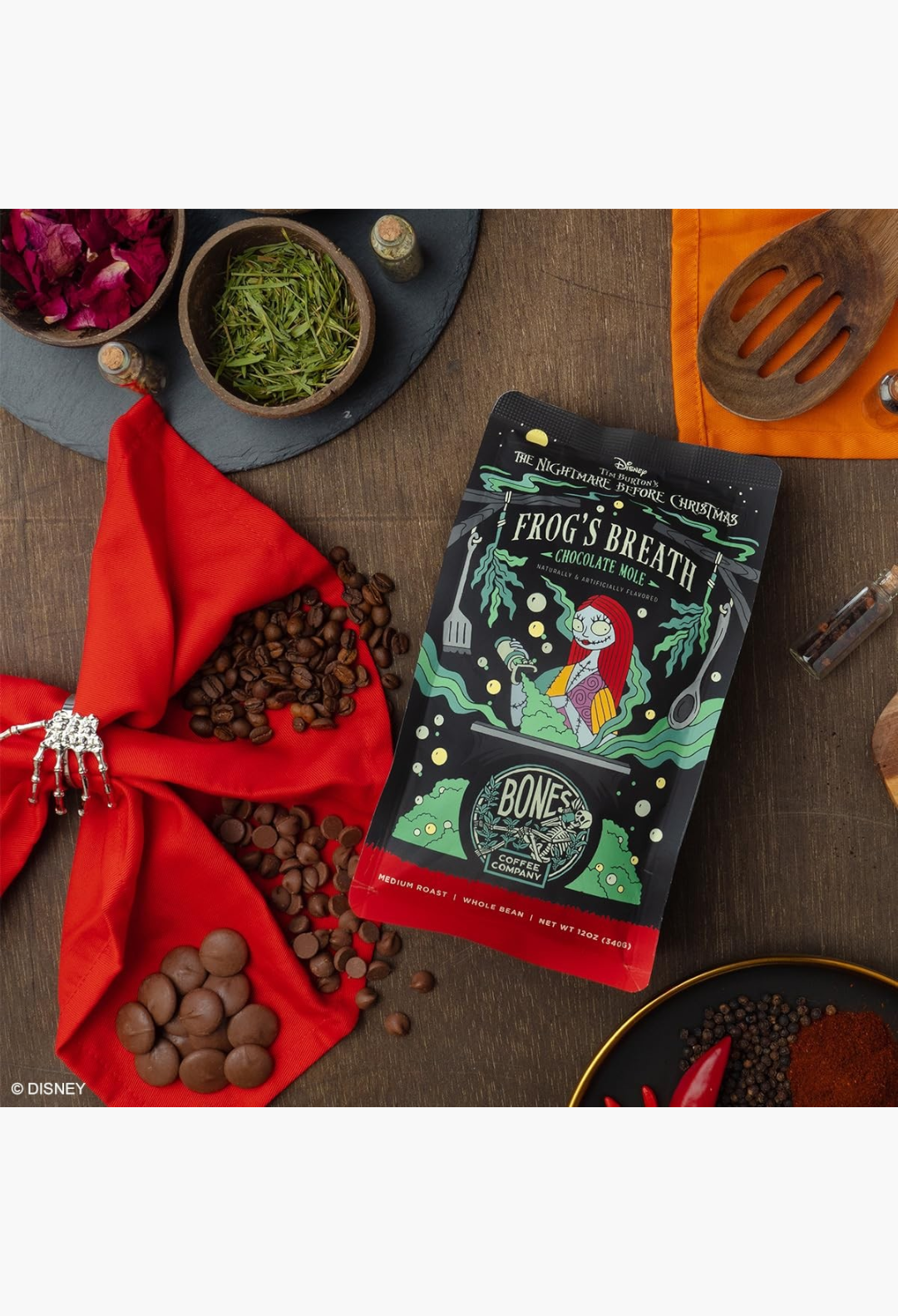 GLAM MODA Bones Coffee Company Frog's Breath chocolate mole medium roast coffee bag with Nightmare Before Christmas art