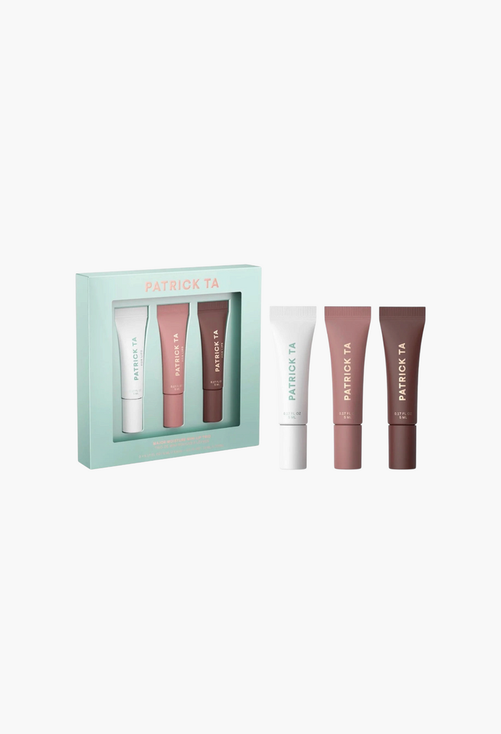 GLAM MODA PATRICK TA Mini Major Moisture tinted lip balm trio set featuring three shades in squeeze tubes