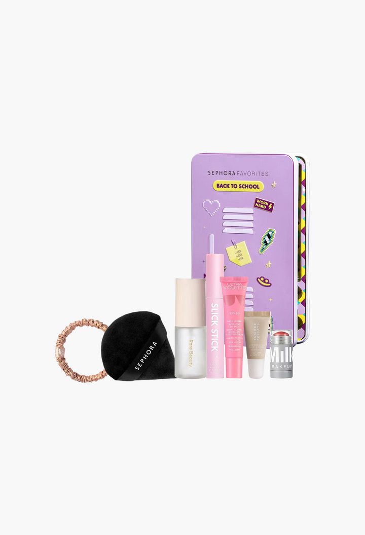 GLAM MODA Beauty 101 Back to School Sephora Favorites set featuring skincare, makeup, and hair accessories in a tin.