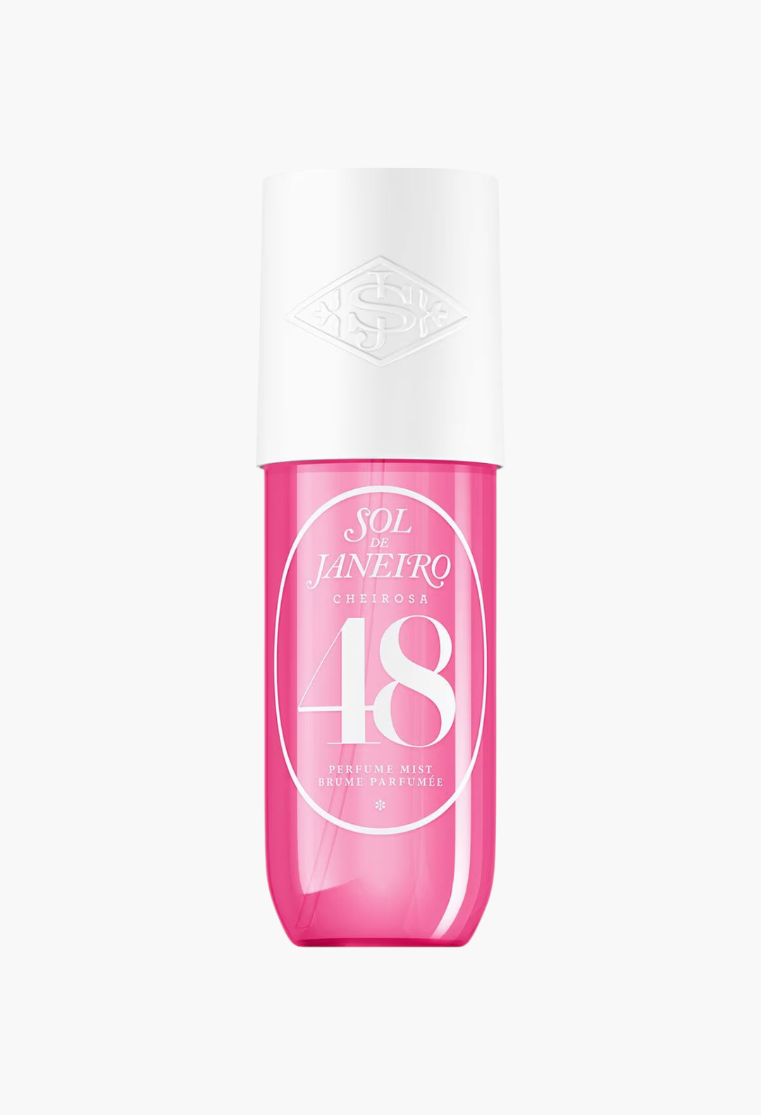 GLAM MODA Cheirosa 48 perfume mist in a vibrant pink bottle with a white cap, featuring guava and orchid scent notes.