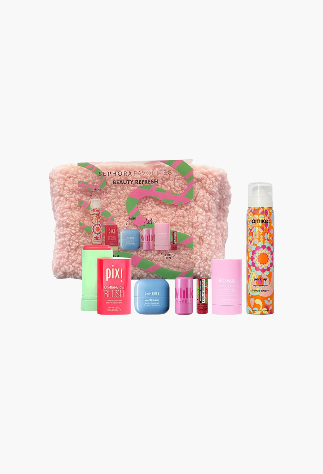 GLAM MODA Beauty Refresh skincare and makeup set featuring a pink fuzzy pouch and six assorted beauty products.