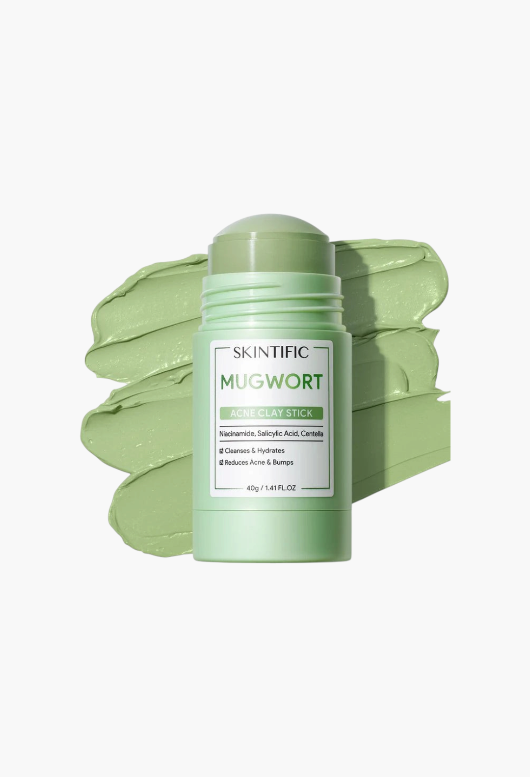 GLAM MODA Skintific Mugwort Acne Clay Stick in a light green twist-up tube with a creamy clay texture swatch behind it.