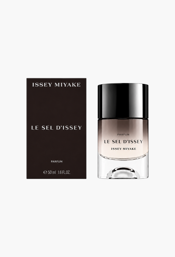 GLAM MODA Issey Miyake Le Sel Parfum bottle and box with dark gradient glass and black cap, woody marine fragrance.
